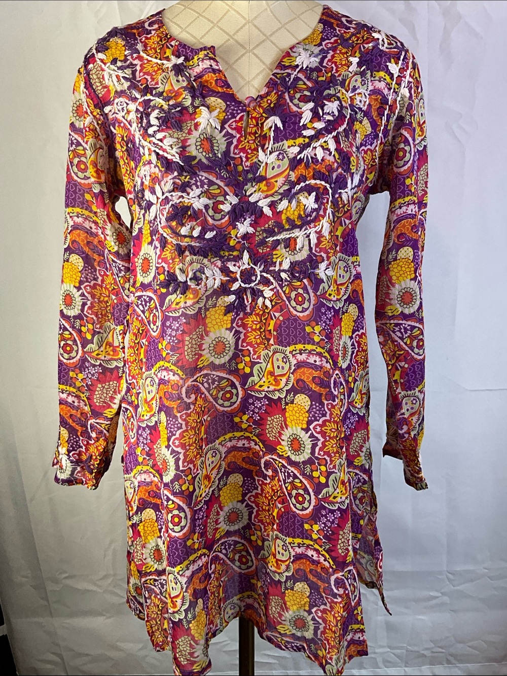 Raj Boho Sheer Purple Paisley Floral Embroidered Long-Sleeve Dress new